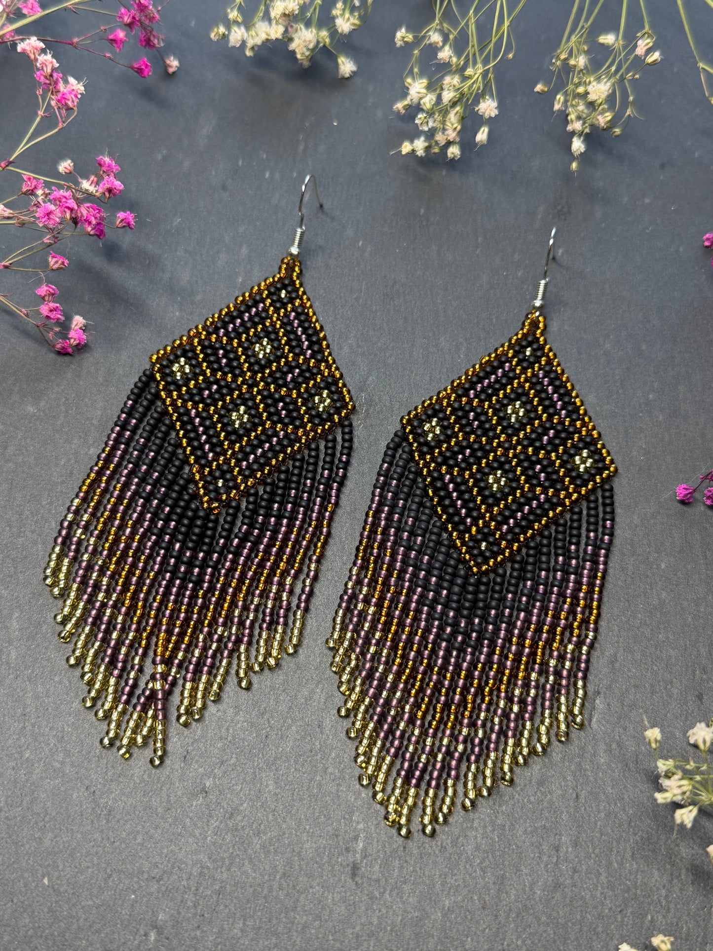 Handmade boho beaded statement earrings in black and copper gold with geometric design and long fringe. Ethnic style jewelry, unique perfect gift for her image 3