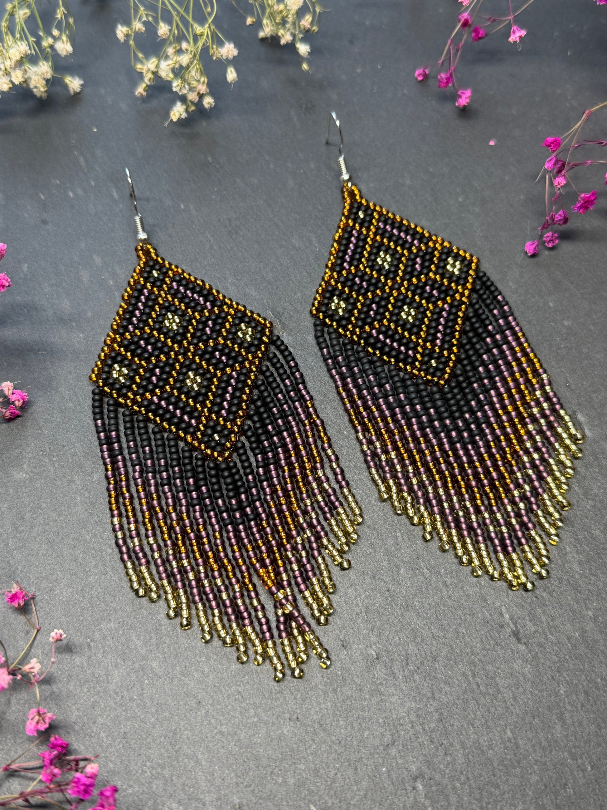 Handmade boho beaded statement earrings in black and copper gold with geometric design and long fringe. Ethnic style jewelry, unique perfect gift for her image 8