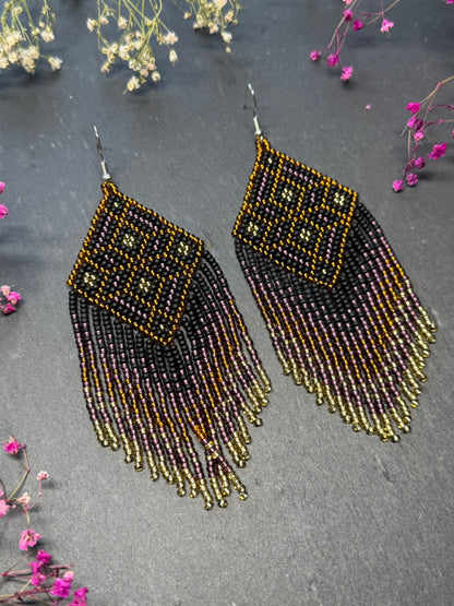 Handmade boho beaded statement earrings in black and copper gold with geometric design and long fringe. Ethnic style jewelry, unique perfect gift for her image 8