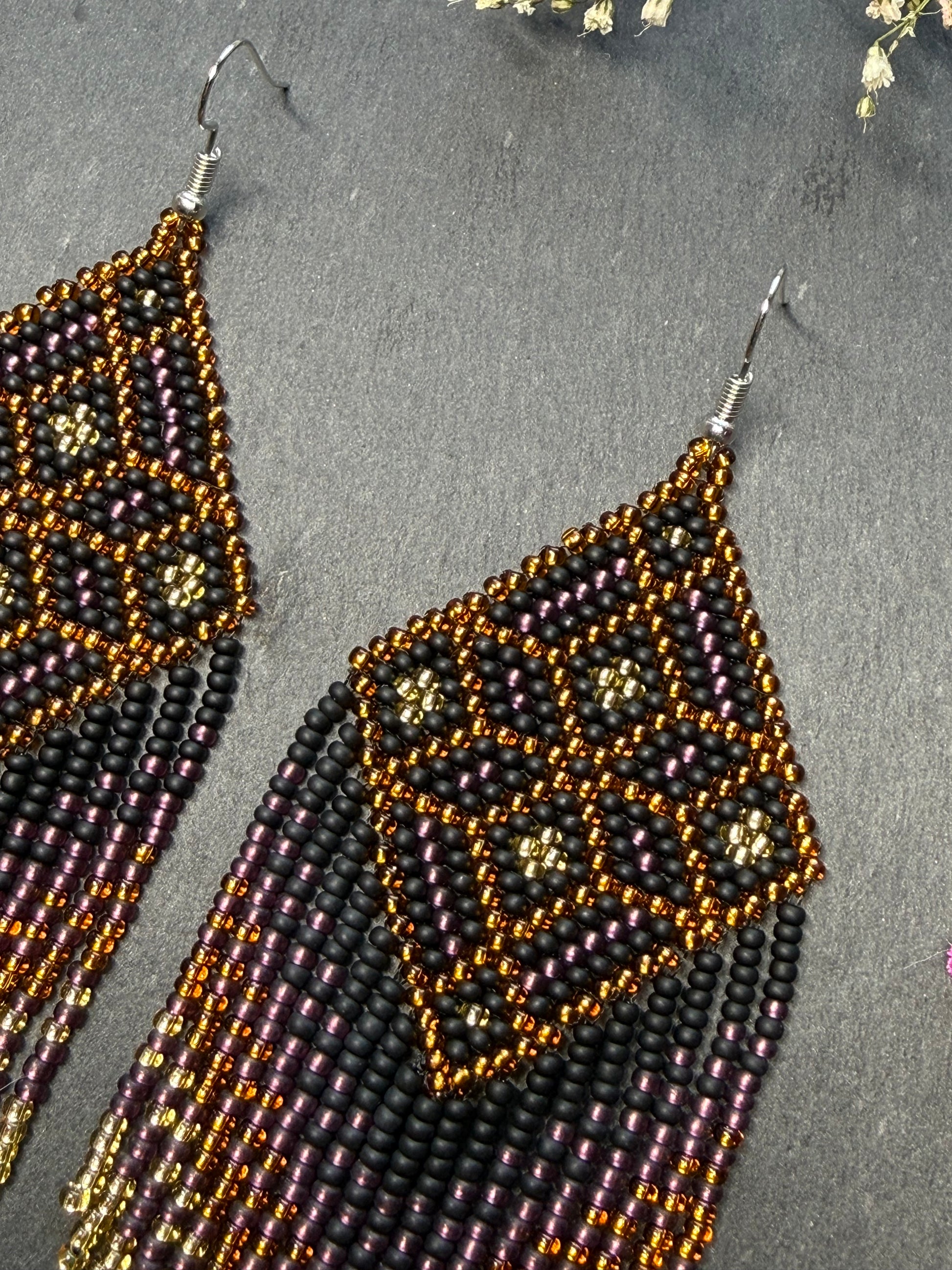 Handmade boho beaded statement earrings in black and copper gold with geometric design and long fringe. Ethnic style jewelry, unique perfect gift for her image 4
