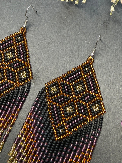 Handmade boho beaded statement earrings in black and copper gold with geometric design and long fringe. Ethnic style jewelry, unique perfect gift for her image 4