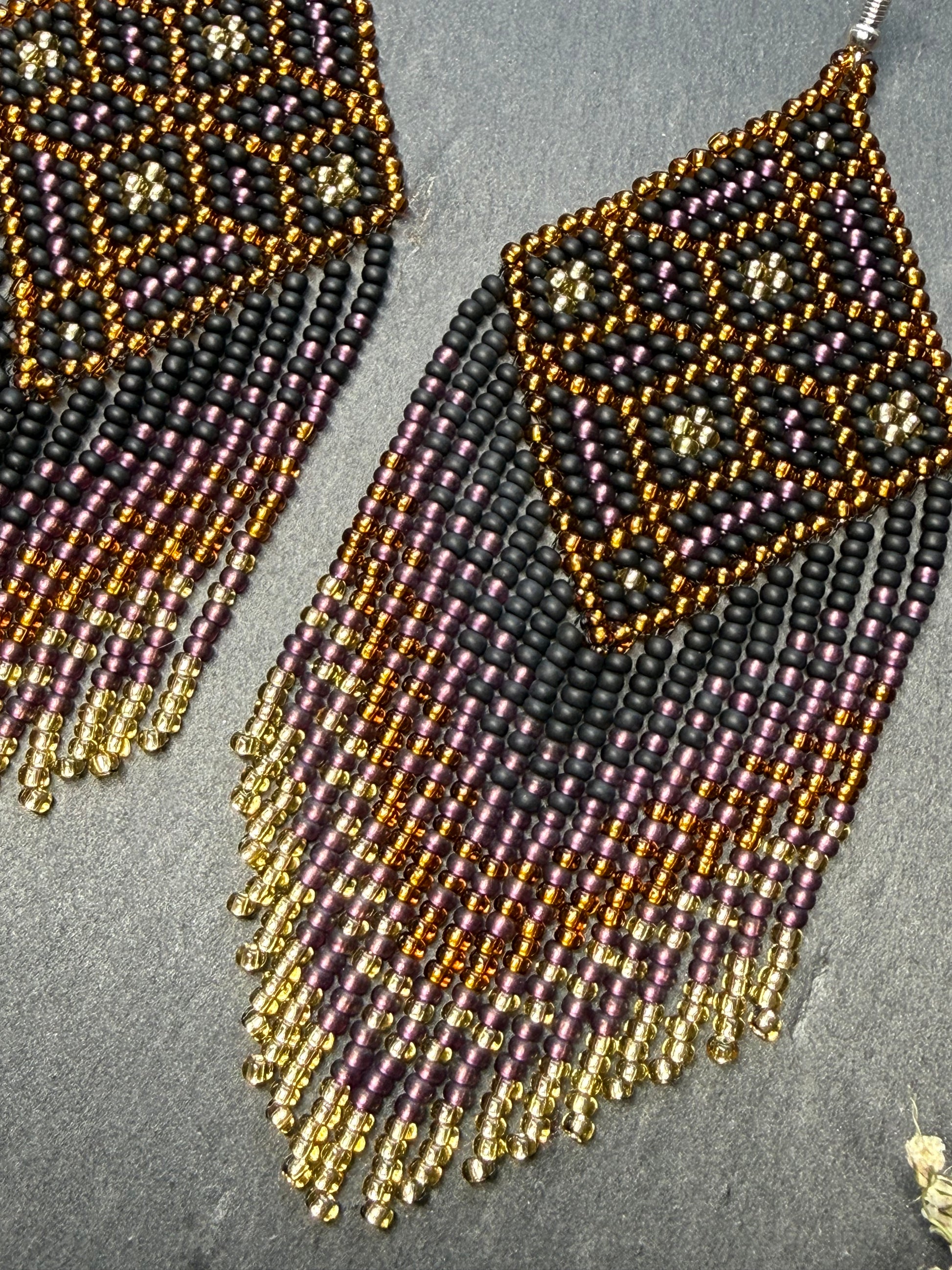 Handmade boho beaded statement earrings in black and copper gold with geometric design and long fringe. Ethnic style jewelry, unique perfect gift for her image 5