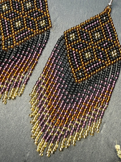 Handmade boho beaded statement earrings in black and copper gold with geometric design and long fringe. Ethnic style jewelry, unique perfect gift for her image 5