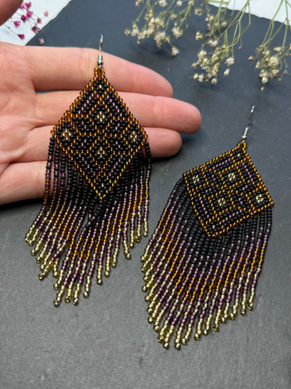 Handmade boho beaded statement earrings in black and copper gold with geometric design and long fringe. Ethnic style jewelry, unique perfect gift for her image 6