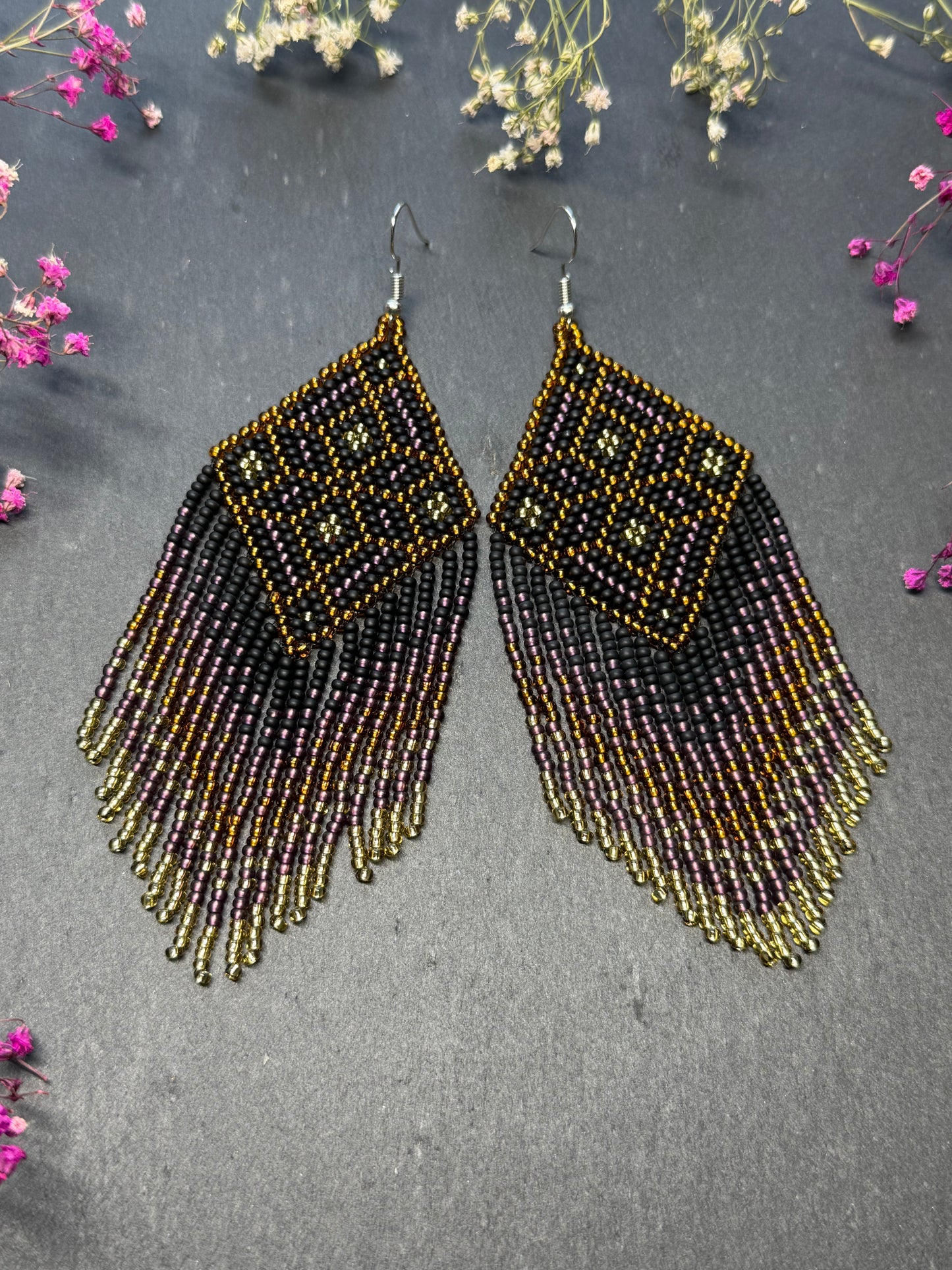 Handmade boho beaded statement earrings in black and copper gold with geometric design and long fringe. Ethnic style jewelry, unique perfect gift for her image 9