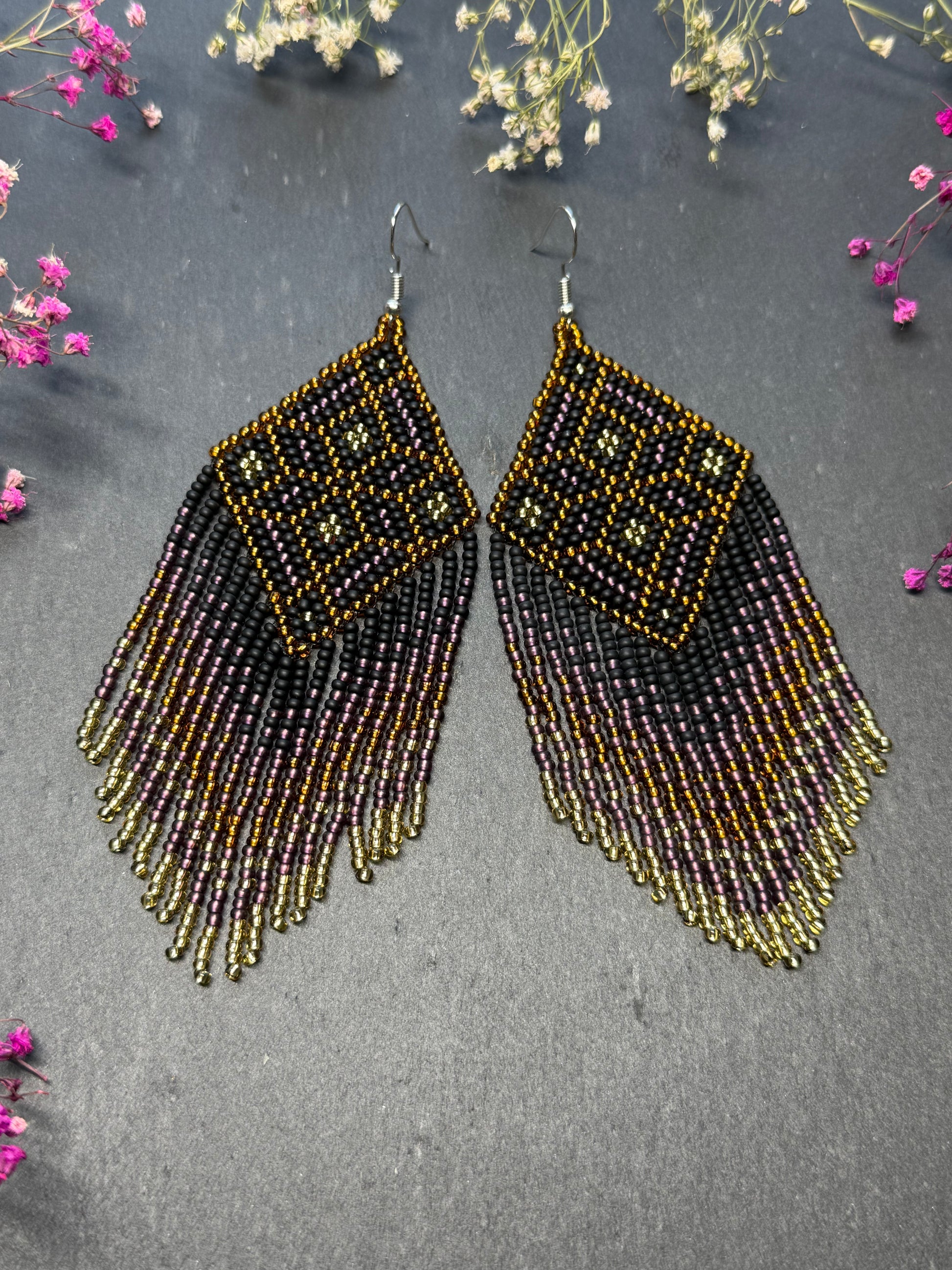 Handmade boho beaded statement earrings in black and copper gold with geometric design and long fringe. Ethnic style jewelry, unique perfect gift for her image 9