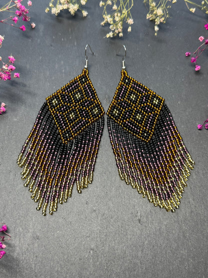 Handmade boho beaded statement earrings in black and copper gold with geometric design and long fringe. Ethnic style jewelry, unique perfect gift for her image 9