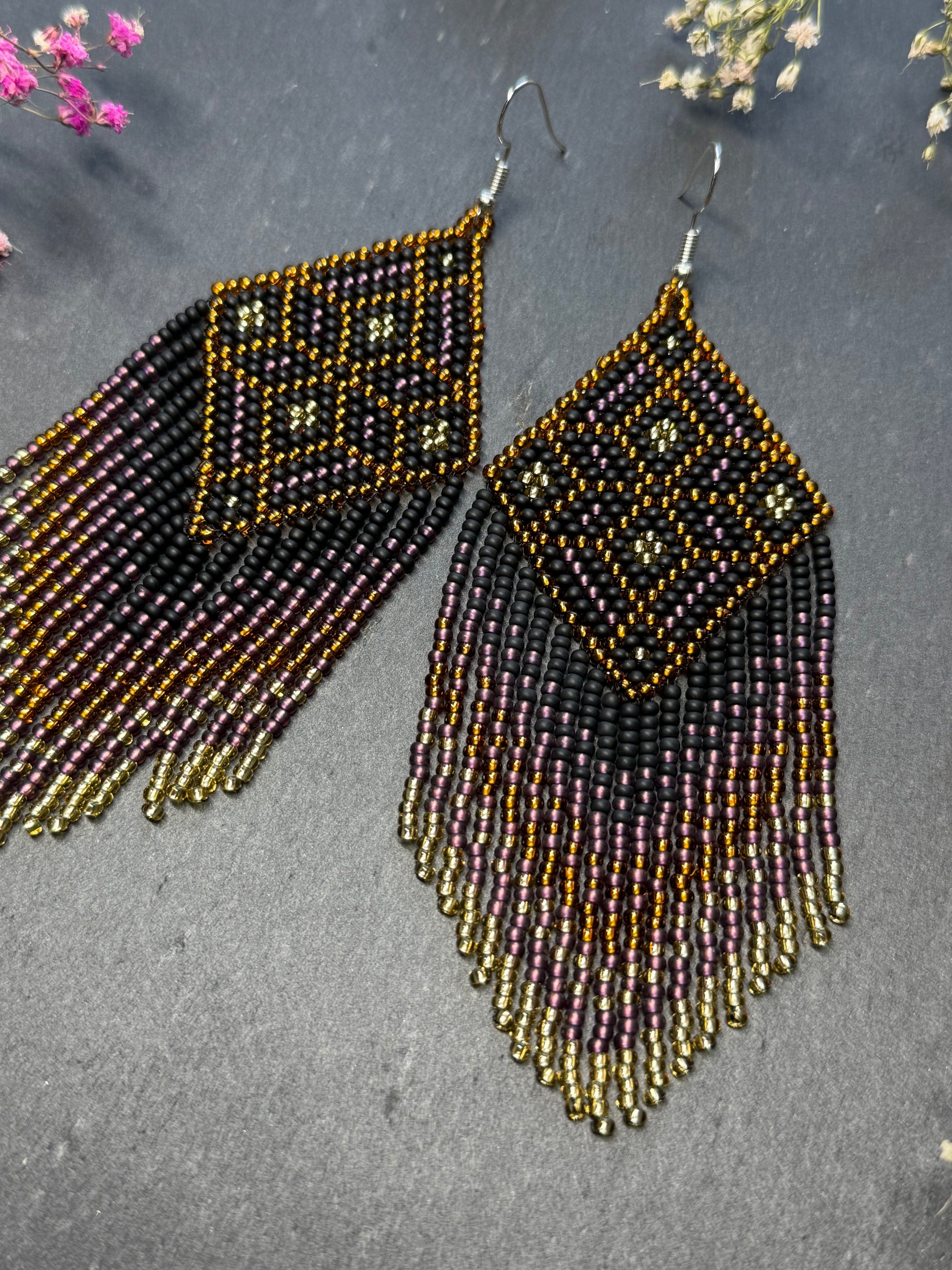 Handmade boho beaded statement earrings in black and copper gold with geometric design and long fringe. Ethnic style jewelry, unique perfect gift for her image 10