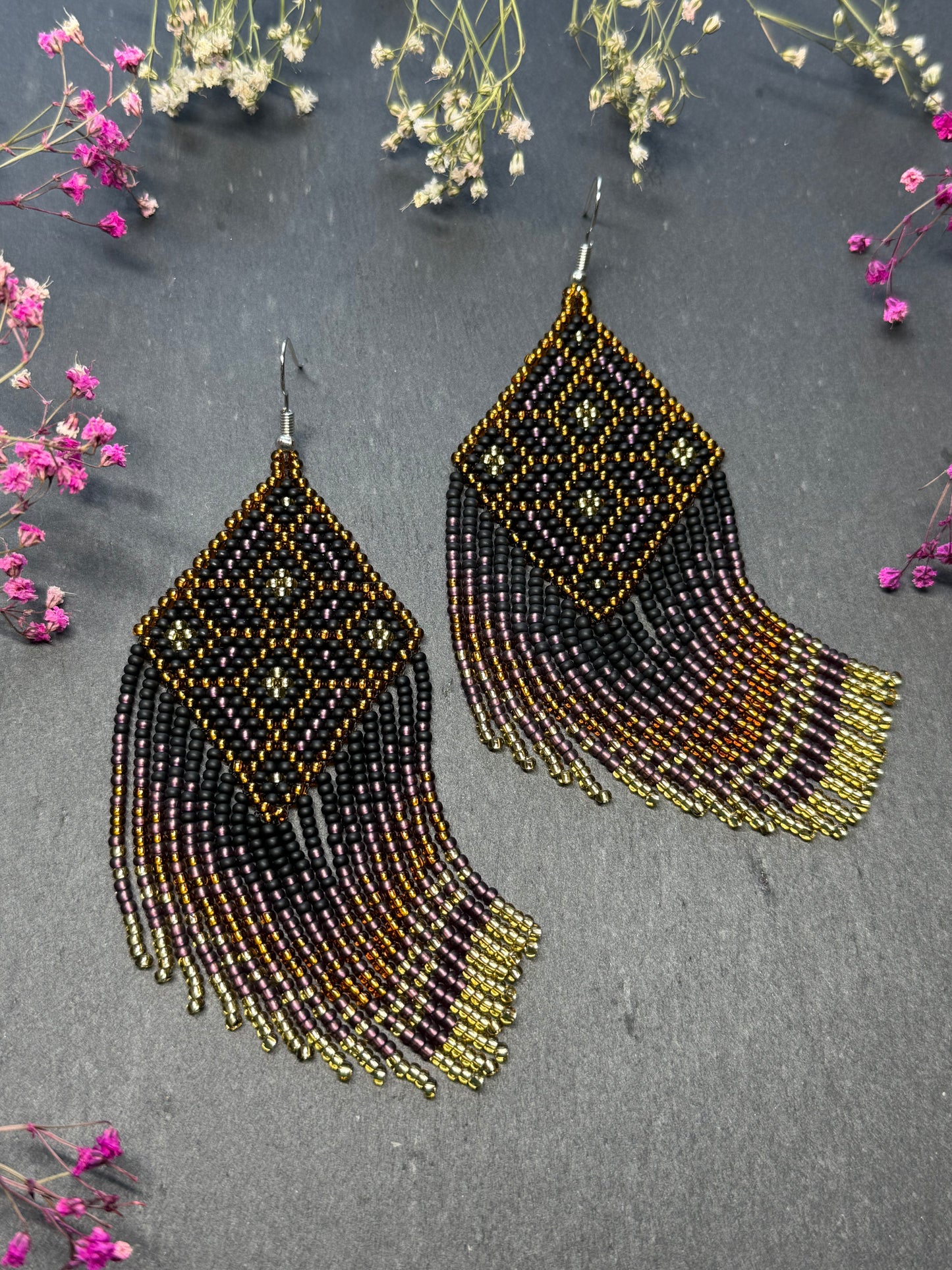 Handmade boho beaded statement earrings in black and copper gold with geometric design and long fringe. Ethnic style jewelry, unique perfect gift for her image 7