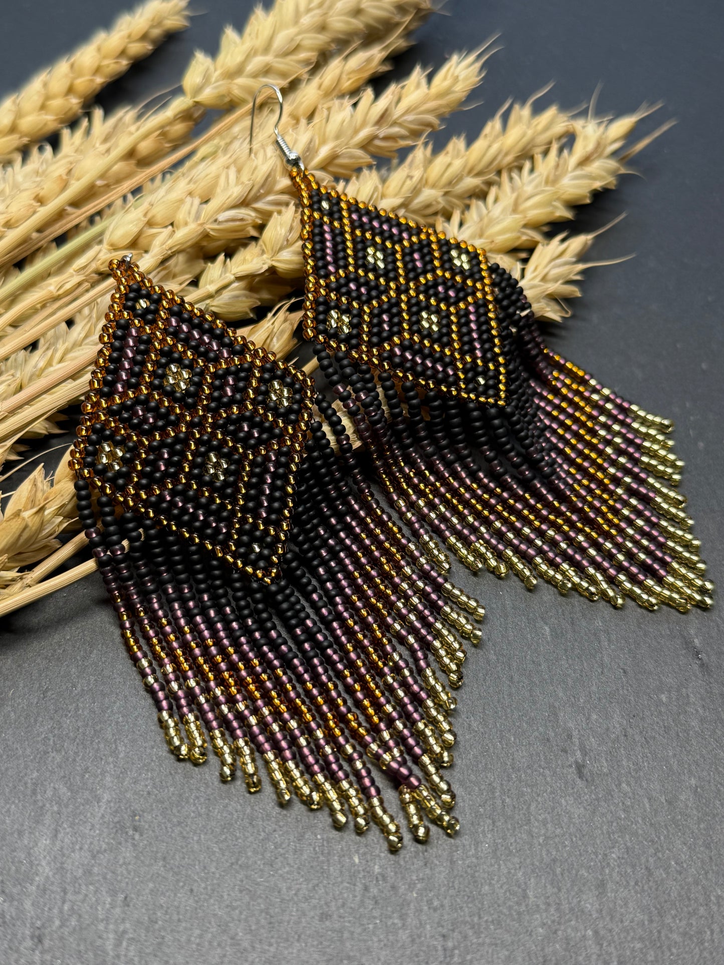 Handmade boho beaded statement earrings in black and copper gold with geometric design and long fringe. Ethnic style jewelry, unique perfect gift for her image 11