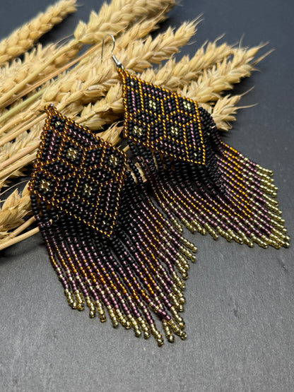 Handmade boho beaded statement earrings in black and copper gold with geometric design and long fringe. Ethnic style jewelry, unique perfect gift for her image 11