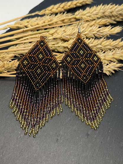 Handmade boho beaded statement earrings in black and copper gold with geometric design and long fringe. Ethnic style jewelry, unique perfect gift for her image 12