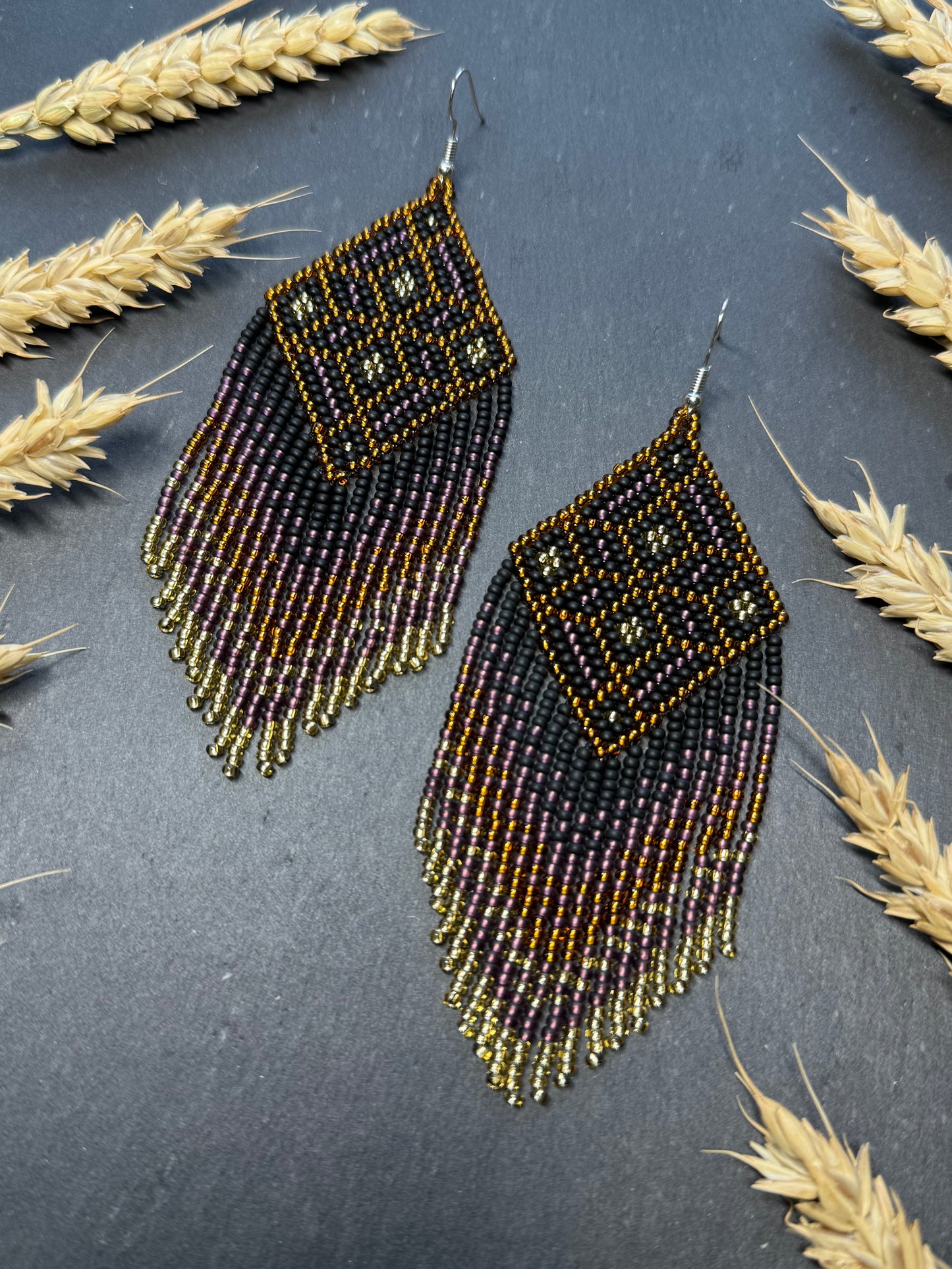 Handmade boho beaded statement earrings in black and copper gold with geometric design and long fringe. Ethnic style jewelry, unique perfect gift for her image 13