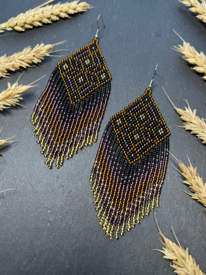 Handmade boho beaded statement earrings in black and copper gold with geometric design and long fringe. Ethnic style jewelry, unique perfect gift for her image 13