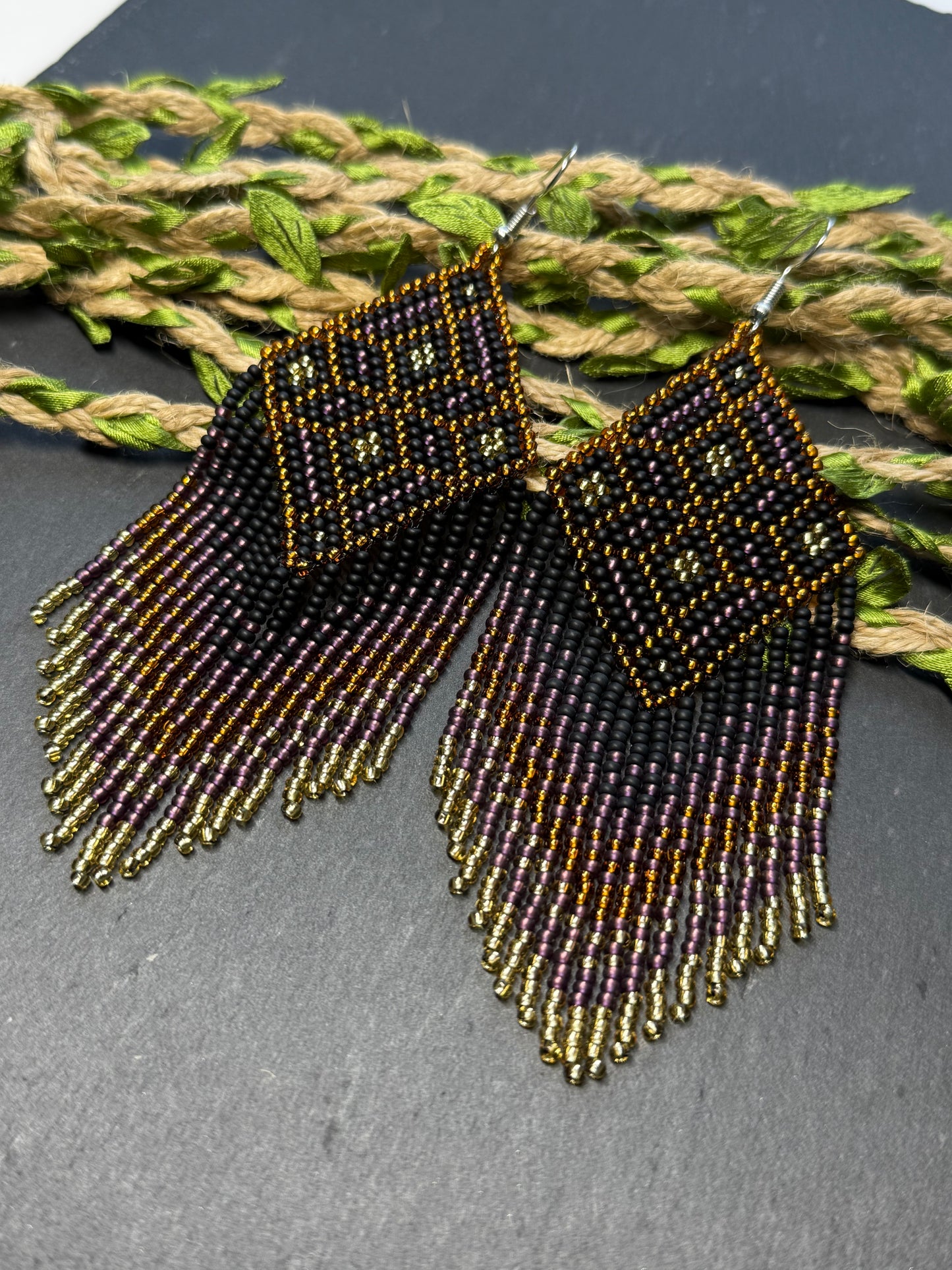 Handmade boho beaded statement earrings in black and copper gold with geometric design and long fringe. Ethnic style jewelry, unique perfect gift for her image 14