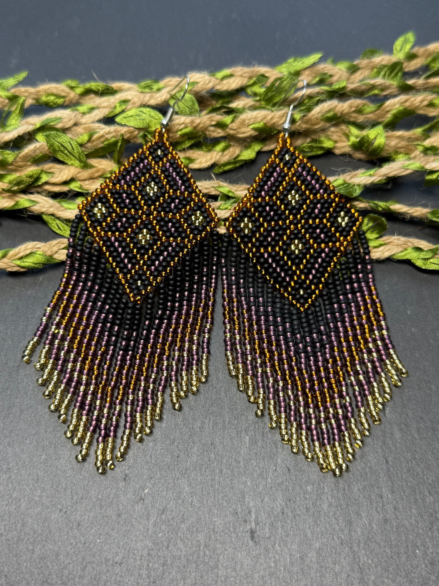 Handmade boho beaded statement earrings in black and copper gold with geometric design and long fringe. Ethnic style jewelry, unique perfect gift for her image 15