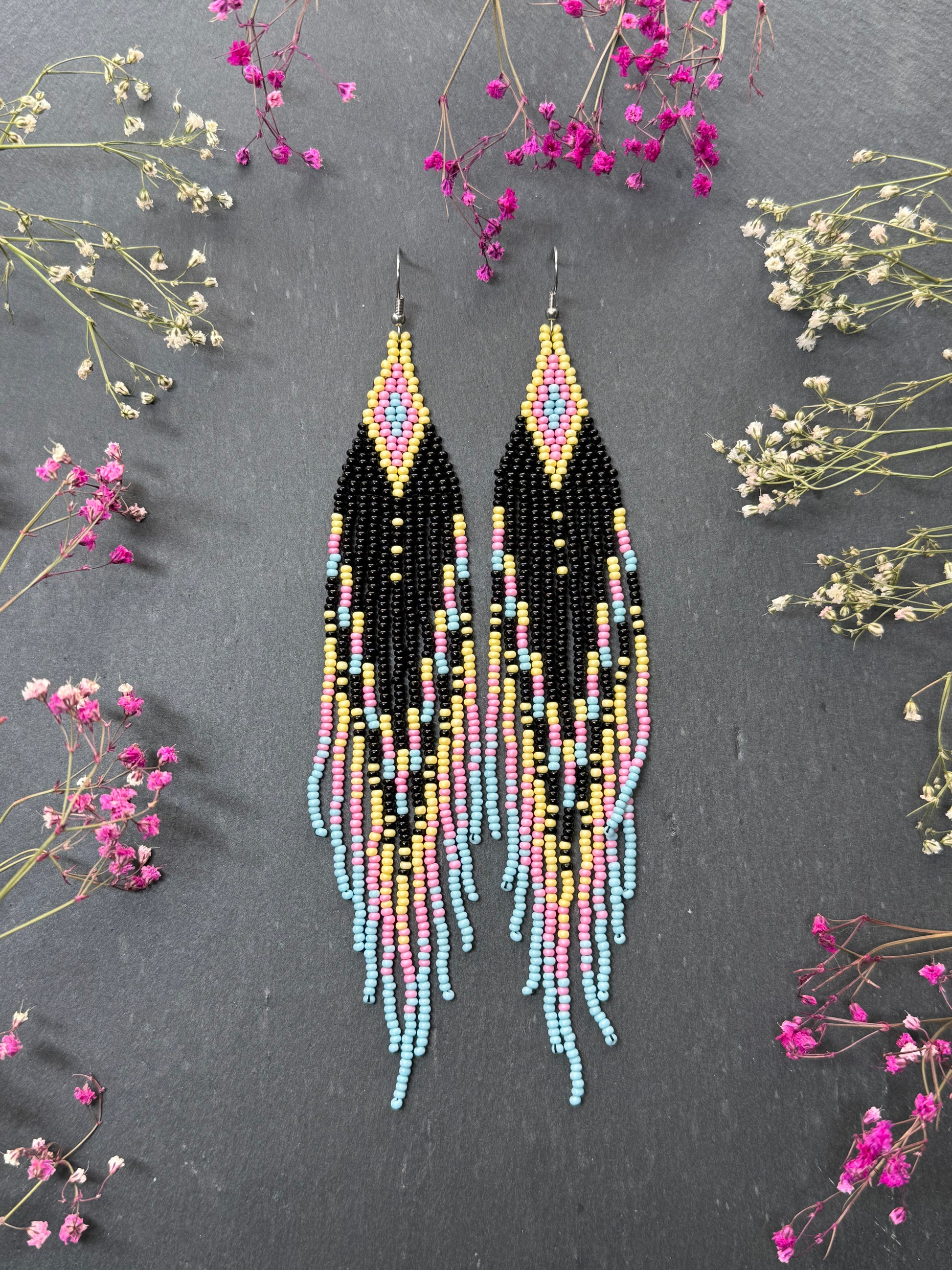 Unique handmade beaded earrings in black, blue, yellow and pink with geometric design. Boho style statement jewelry, cute multicolor earrings for women image 1