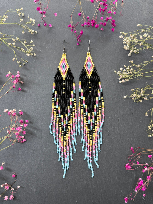 Unique handmade beaded earrings in black, blue, yellow and pink with geometric design. Boho style statement jewelry, cute multicolor earrings for women image 1