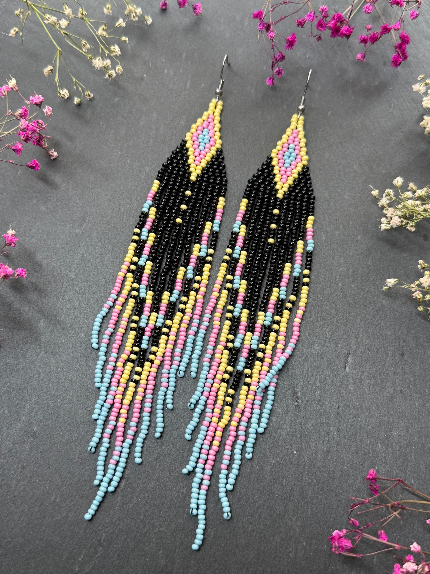Unique handmade beaded earrings in black, blue, yellow and pink with geometric design. Boho style statement jewelry, cute multicolor earrings for women image 3