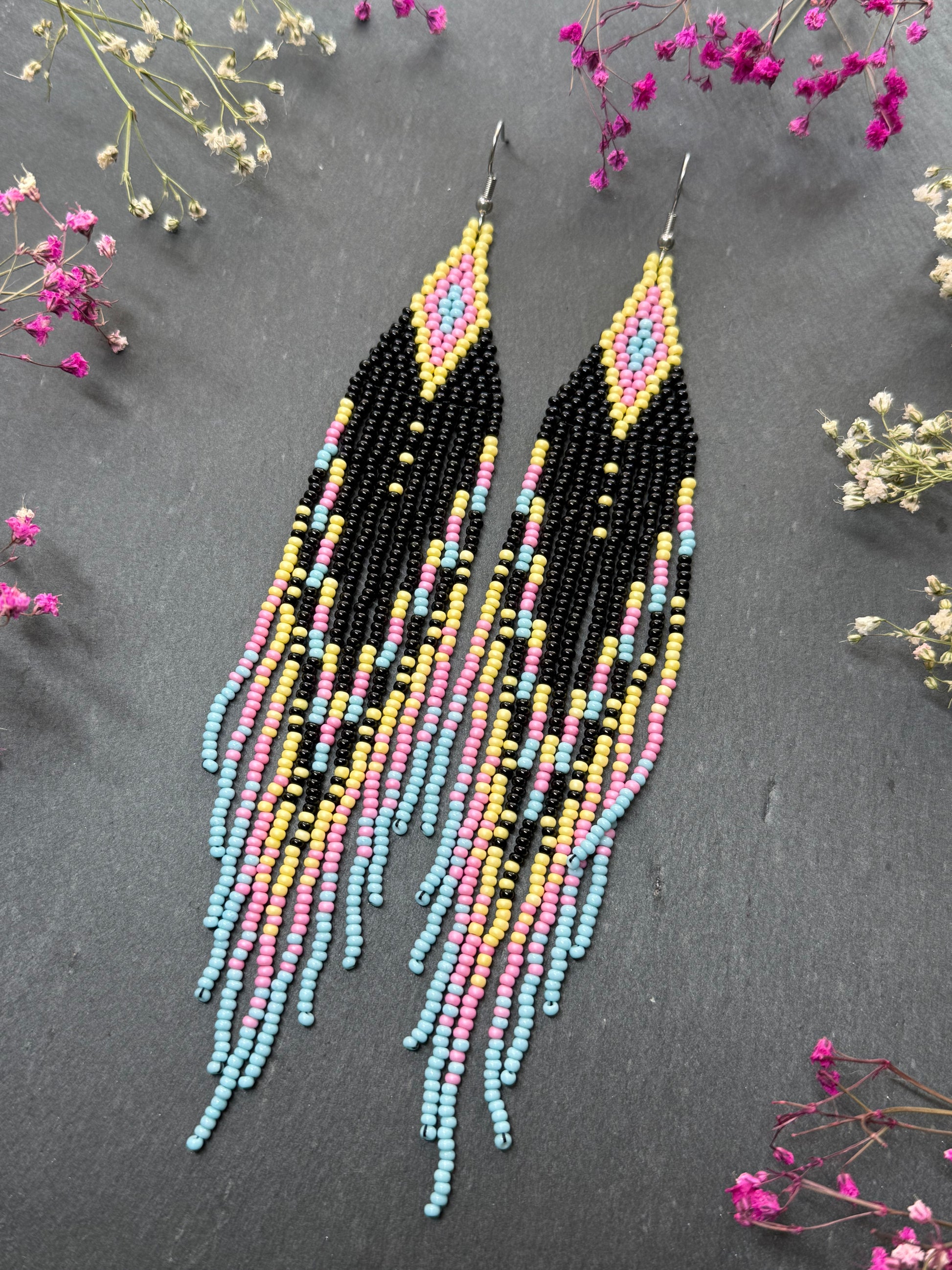 Unique handmade beaded earrings in black, blue, yellow and pink with geometric design. Boho style statement jewelry, cute multicolor earrings for women image 3
