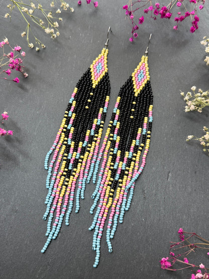 Unique handmade beaded earrings in black, blue, yellow and pink with geometric design. Boho style statement jewelry, cute multicolor earrings for women image 3