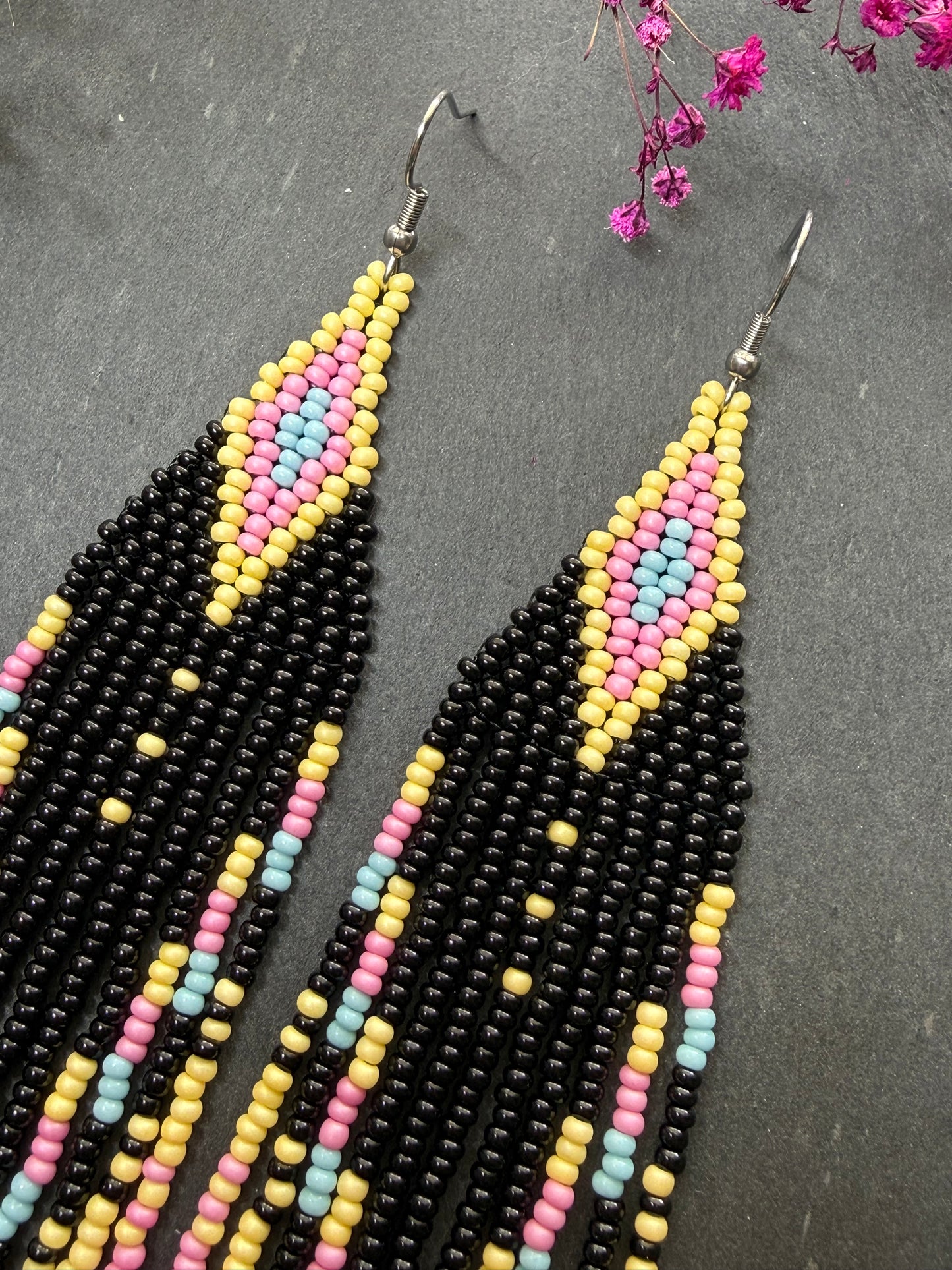 Unique handmade beaded earrings in black, blue, yellow and pink with geometric design. Boho style statement jewelry, cute multicolor earrings for women image 4