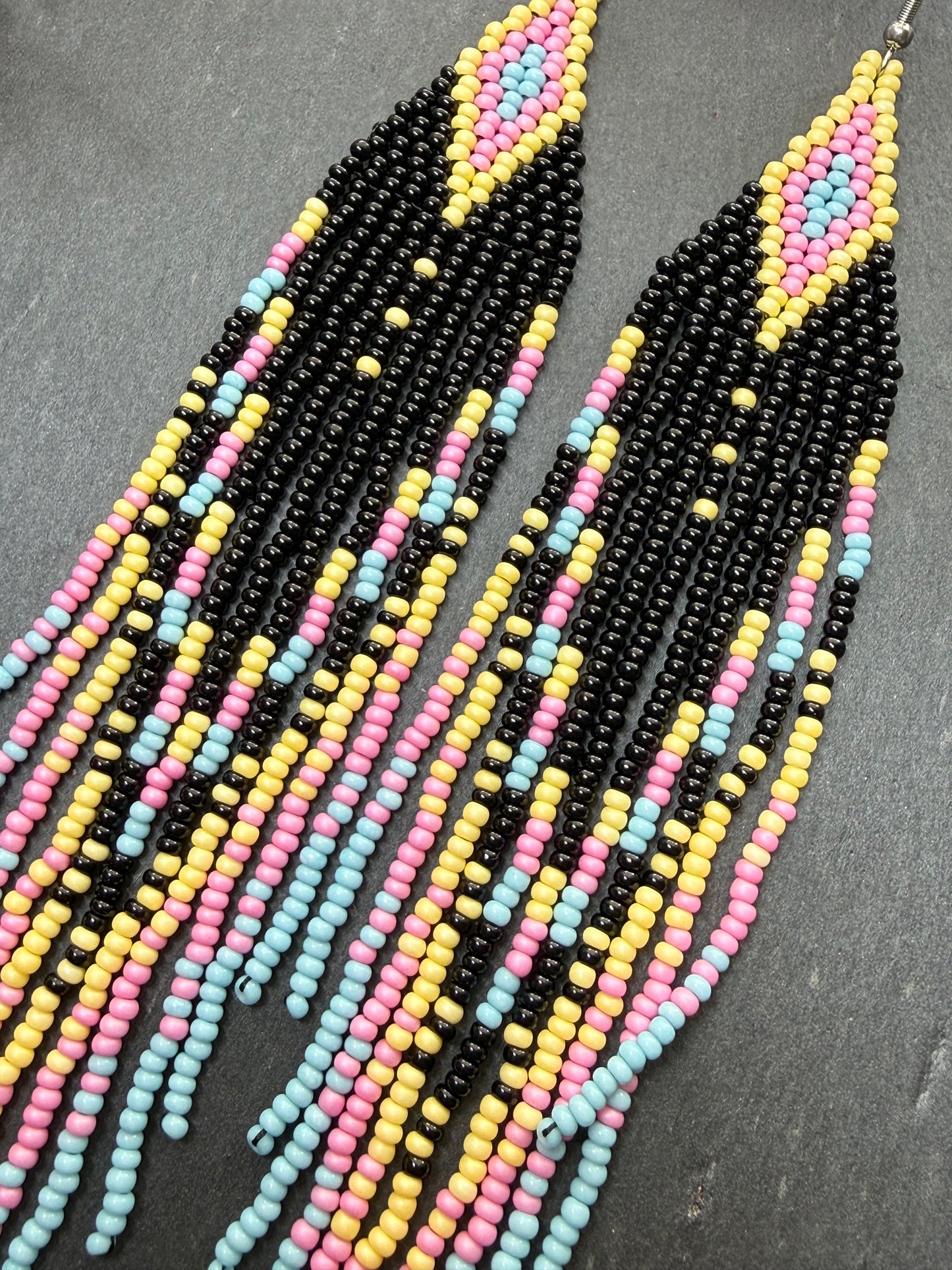 Unique handmade beaded earrings in black, blue, yellow and pink with geometric design. Boho style statement jewelry, cute multicolor earrings for women image 5