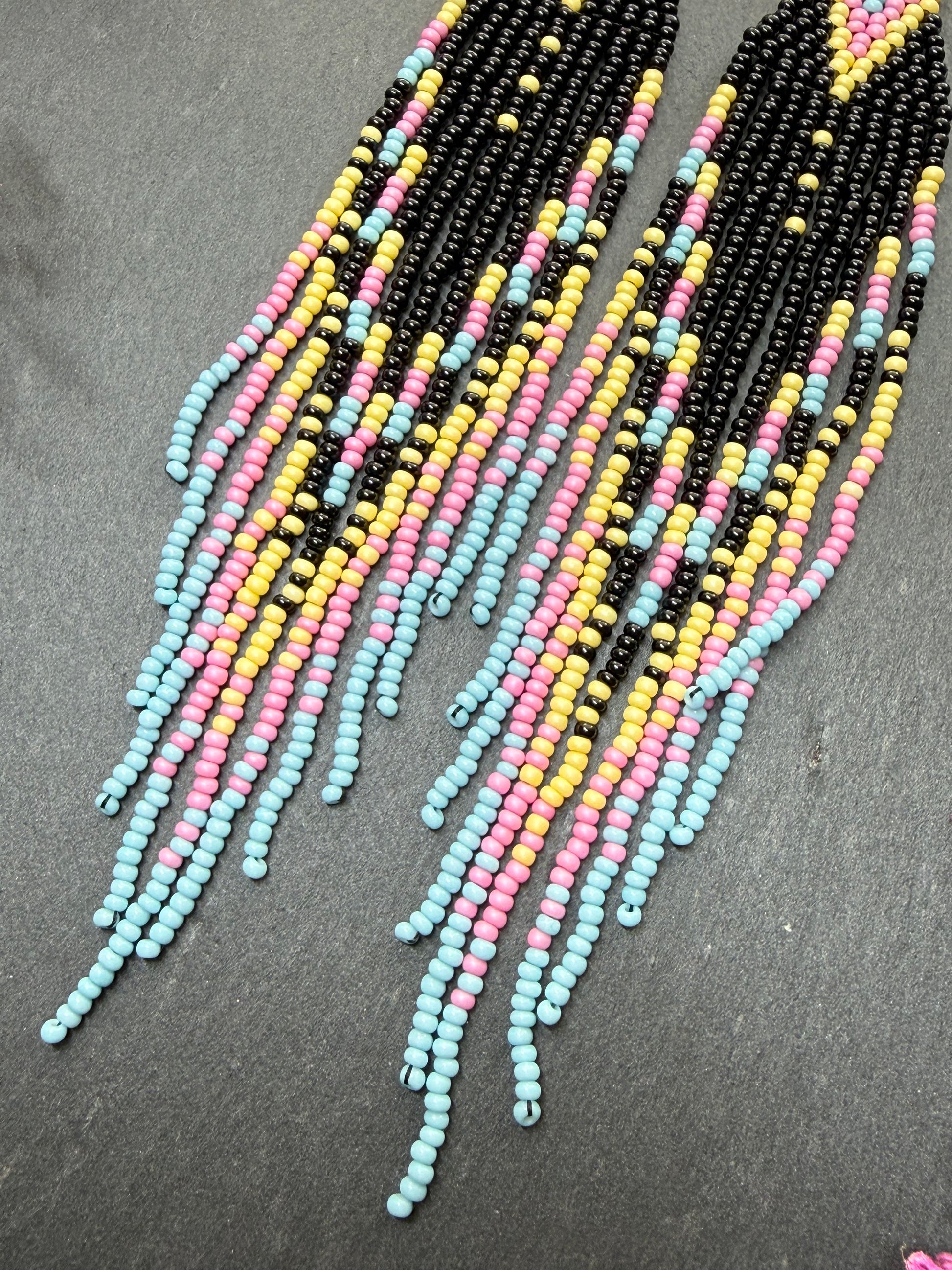 Unique handmade beaded earrings in black, blue, yellow and pink with geometric design. Boho style statement jewelry, cute multicolor earrings for women image 6