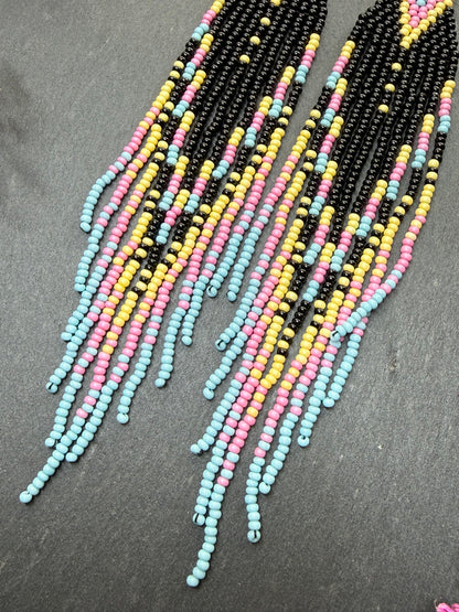 Unique handmade beaded earrings in black, blue, yellow and pink with geometric design. Boho style statement jewelry, cute multicolor earrings for women image 6