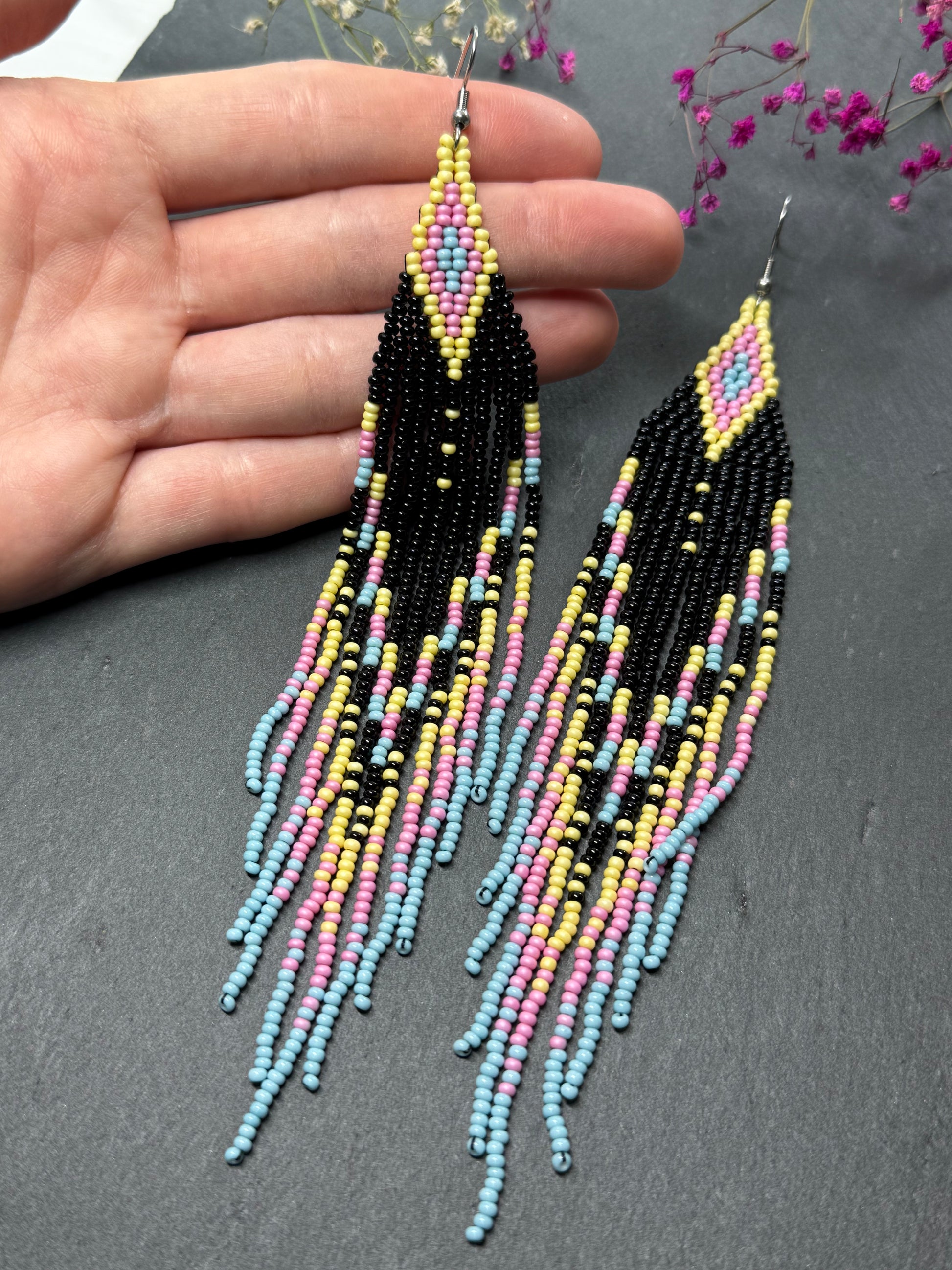 Unique handmade beaded earrings in black, blue, yellow and pink with geometric design. Boho style statement jewelry, cute multicolor earrings for women image 7
