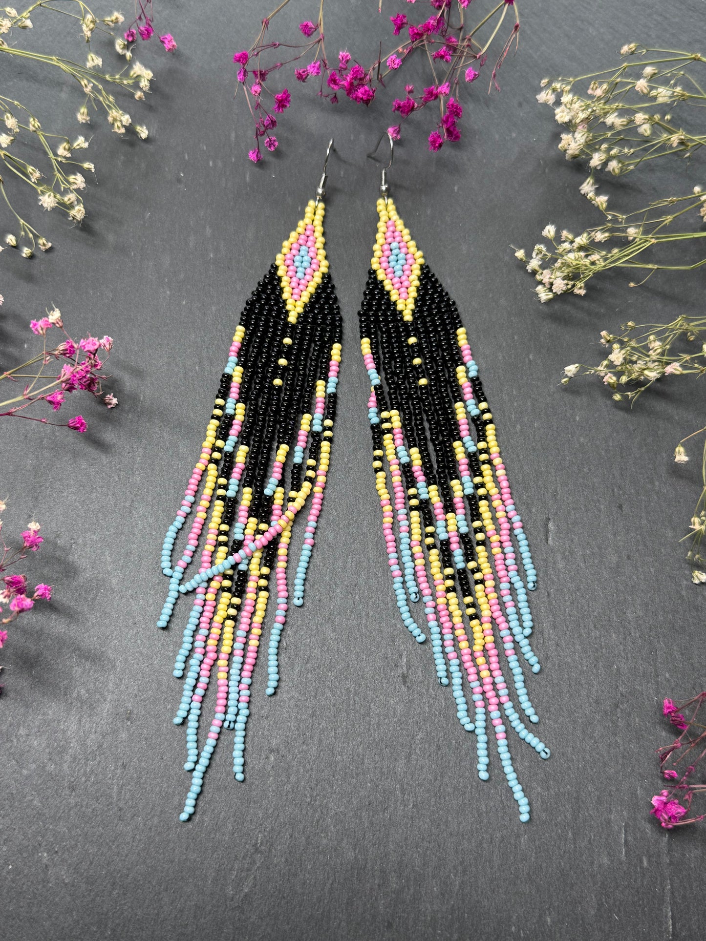 Unique handmade beaded earrings in black, blue, yellow and pink with geometric design. Boho style statement jewelry, cute multicolor earrings for women image 8