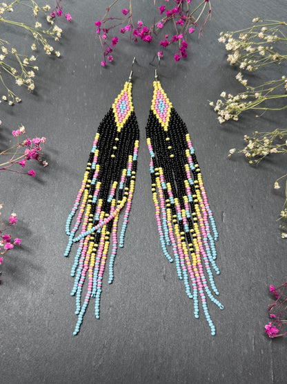 Unique handmade beaded earrings in black, blue, yellow and pink with geometric design. Boho style statement jewelry, cute multicolor earrings for women image 8