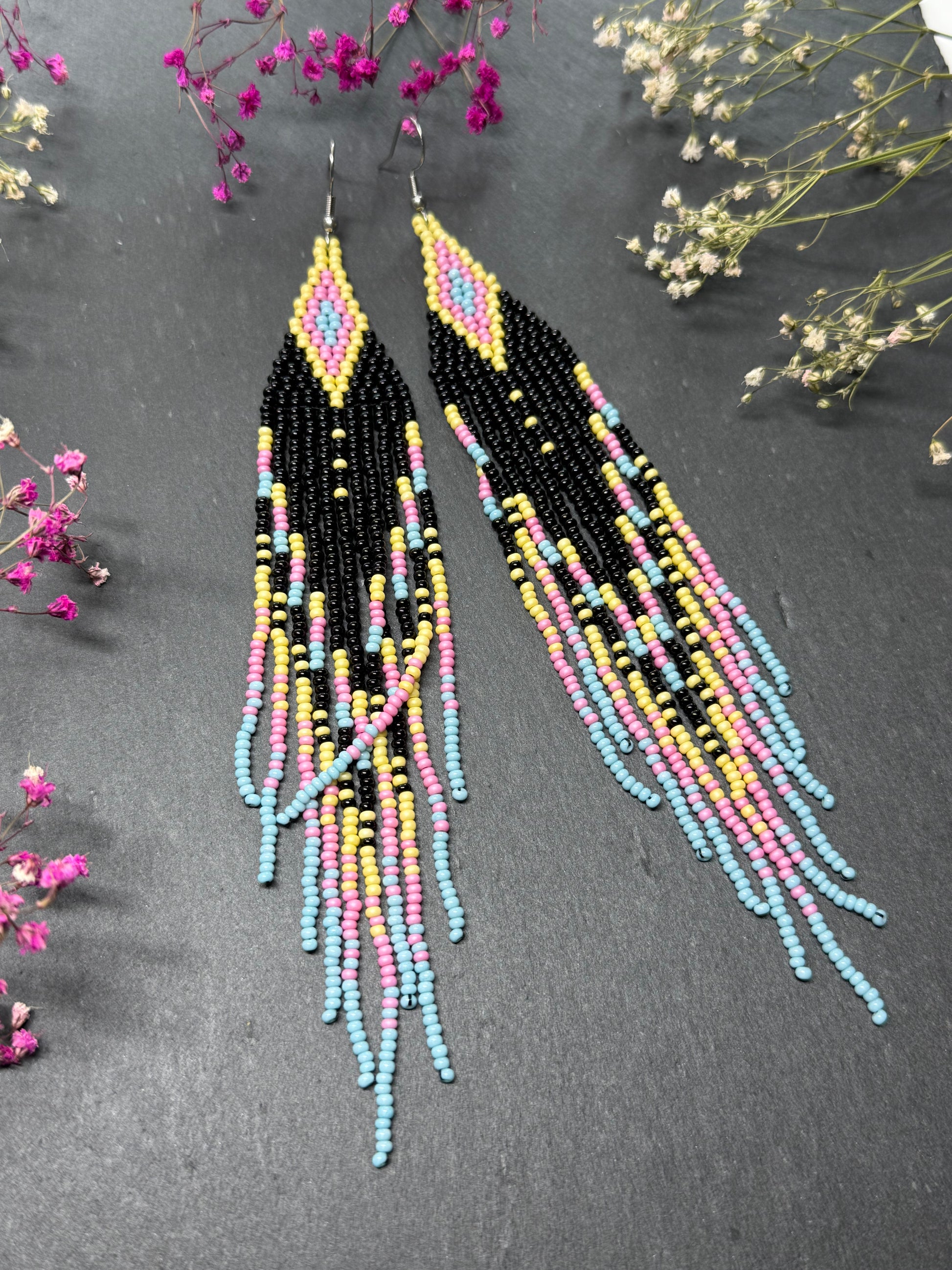 Unique handmade beaded earrings in black, blue, yellow and pink with geometric design. Boho style statement jewelry, cute multicolor earrings for women image 9