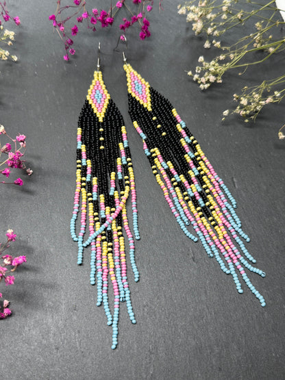 Unique handmade beaded earrings in black, blue, yellow and pink with geometric design. Boho style statement jewelry, cute multicolor earrings for women image 9