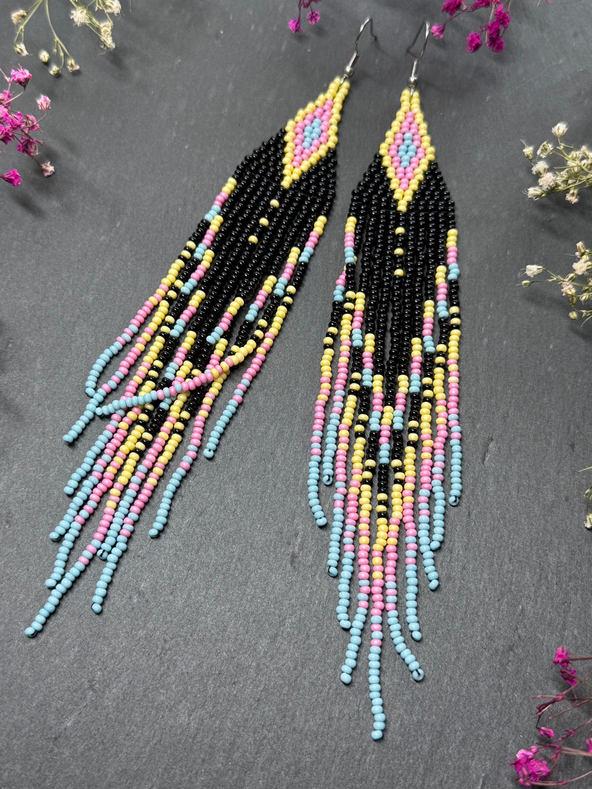 Unique handmade beaded earrings in black, blue, yellow and pink with geometric design. Boho style statement jewelry, cute multicolor earrings for women image 10