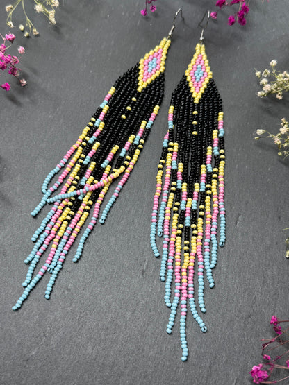 Unique handmade beaded earrings in black, blue, yellow and pink with geometric design. Boho style statement jewelry, cute multicolor earrings for women image 10
