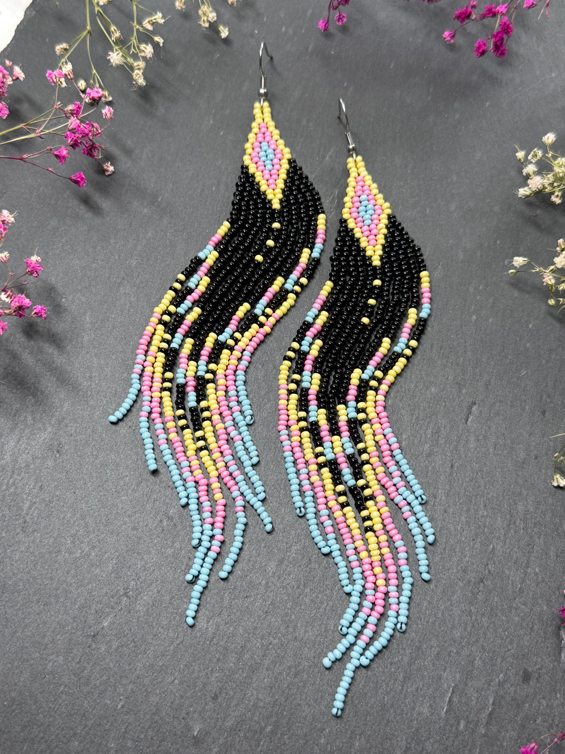 Unique handmade beaded earrings in black, blue, yellow and pink with geometric design. Boho style statement jewelry, cute multicolor earrings for women image 11