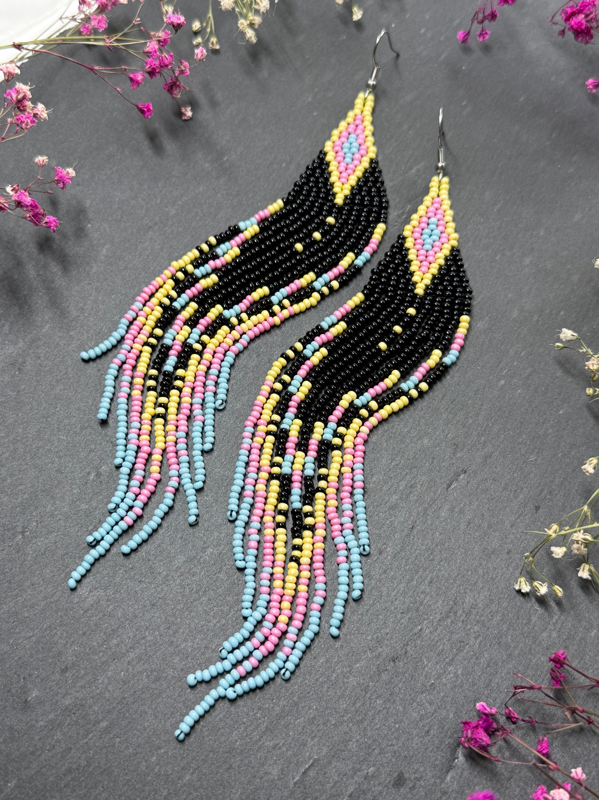 Unique handmade beaded earrings in black, blue, yellow and pink with geometric design. Boho style statement jewelry, cute multicolor earrings for women image 12