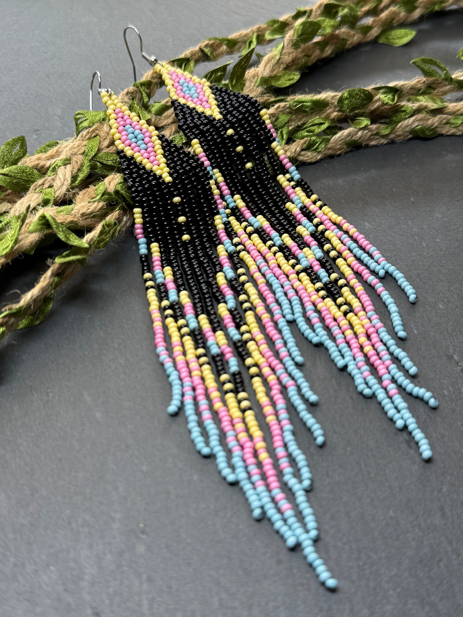 Unique handmade beaded earrings in black, blue, yellow and pink with geometric design. Boho style statement jewelry, cute multicolor earrings for women image 13