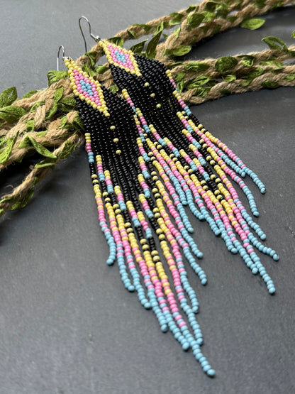 Unique handmade beaded earrings in black, blue, yellow and pink with geometric design. Boho style statement jewelry, cute multicolor earrings for women image 13