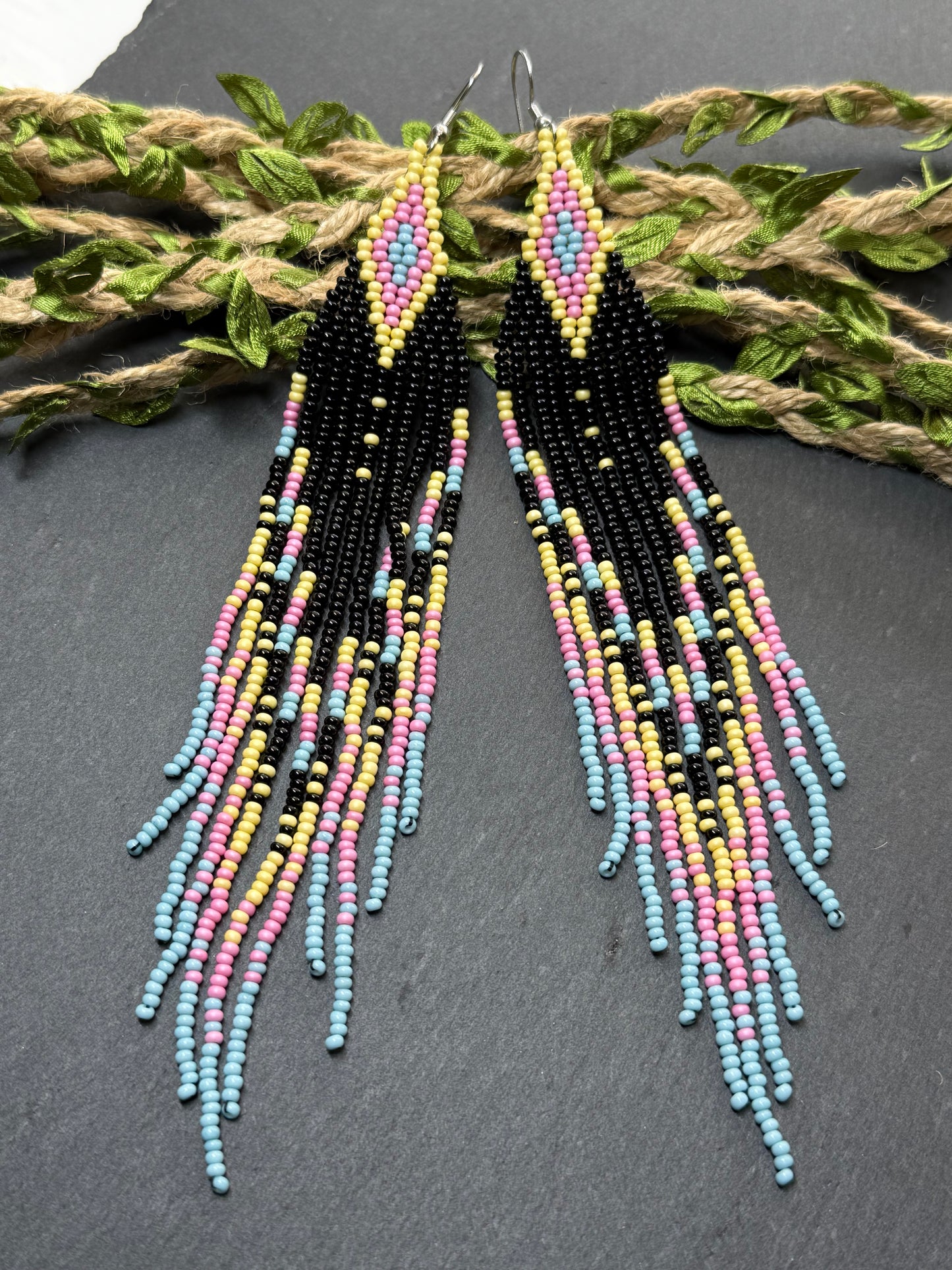 Unique handmade beaded earrings in black, blue, yellow and pink with geometric design. Boho style statement jewelry, cute multicolor earrings for women image 14