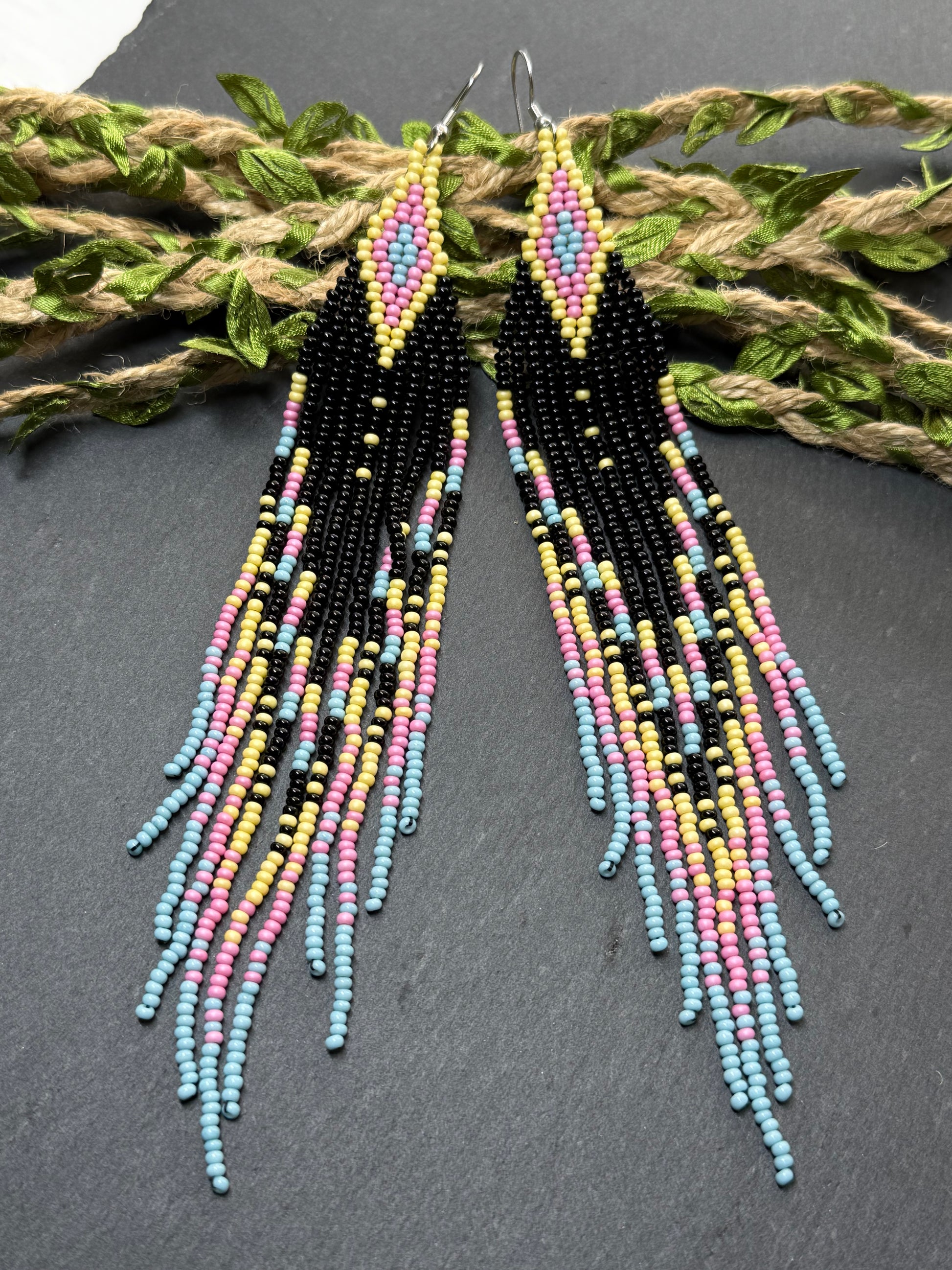 Unique handmade beaded earrings in black, blue, yellow and pink with geometric design. Boho style statement jewelry, cute multicolor earrings for women image 14