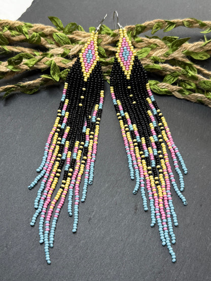 Unique handmade beaded earrings in black, blue, yellow and pink with geometric design. Boho style statement jewelry, cute multicolor earrings for women image 14