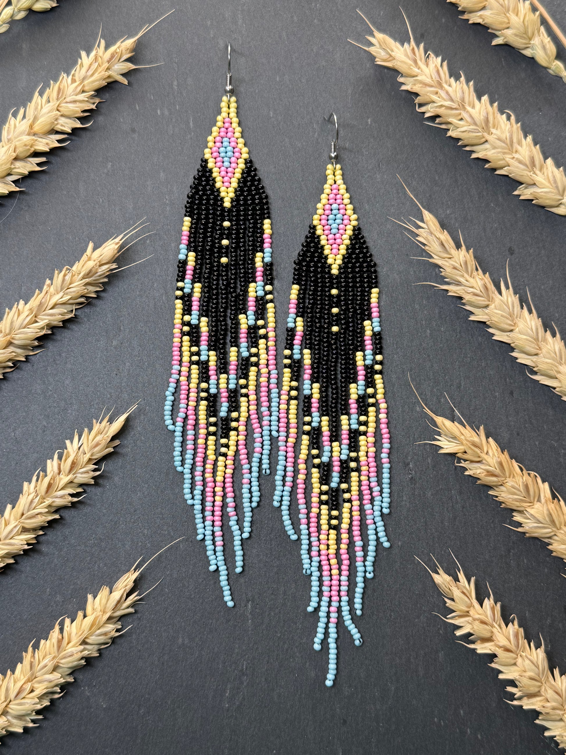 Unique handmade beaded earrings in black, blue, yellow and pink with geometric design. Boho style statement jewelry, cute multicolor earrings for women image 15