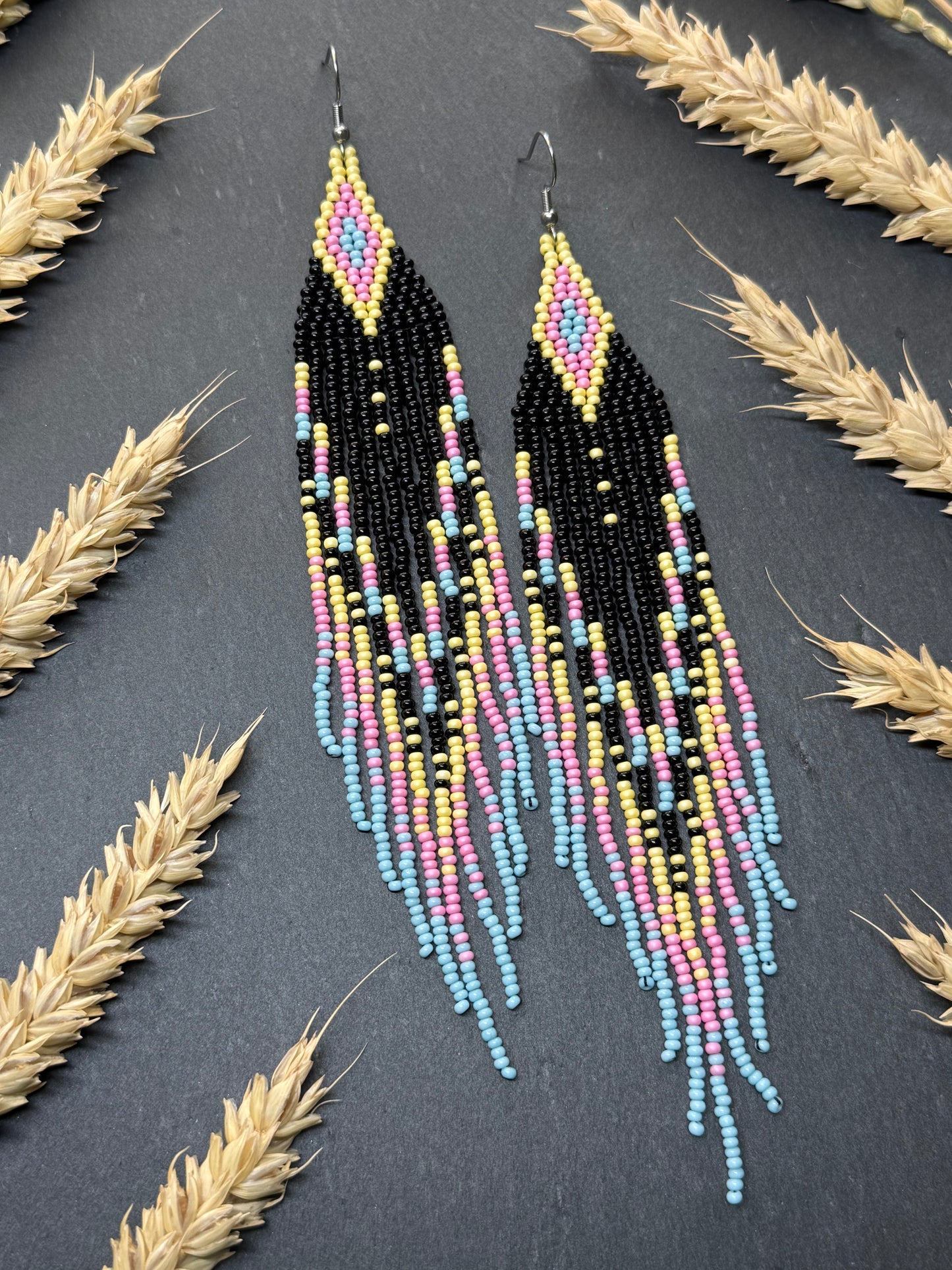 Unique handmade beaded earrings in black, blue, yellow and pink with geometric design. Boho style statement jewelry, cute multicolor earrings for women image 16