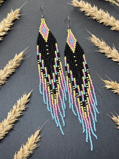Unique handmade beaded earrings in black, blue, yellow and pink with geometric design. Boho style statement jewelry, cute multicolor earrings for women image 16