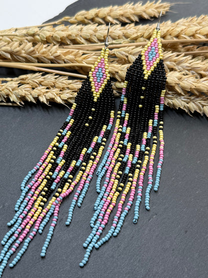 Unique handmade beaded earrings in black, blue, yellow and pink with geometric design. Boho style statement jewelry, cute multicolor earrings for women image 17