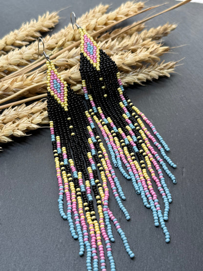 Unique handmade beaded earrings in black, blue, yellow and pink with geometric design. Boho style statement jewelry, cute multicolor earrings for women image 18