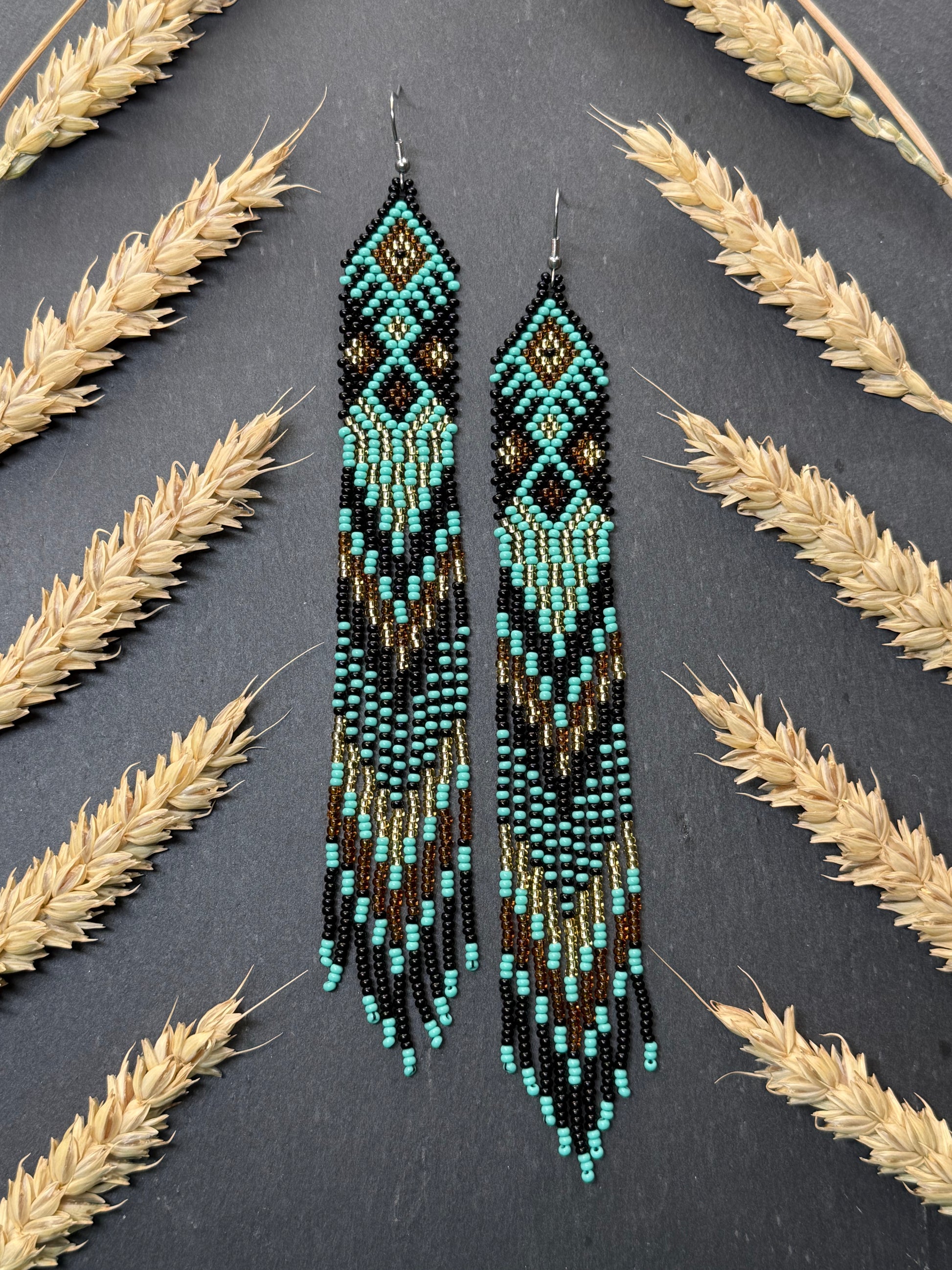 Handmade long black, turquoise, and gold beaded earrings with Native American ethnic design and fringe. Unique boho statement earrings for women image 14