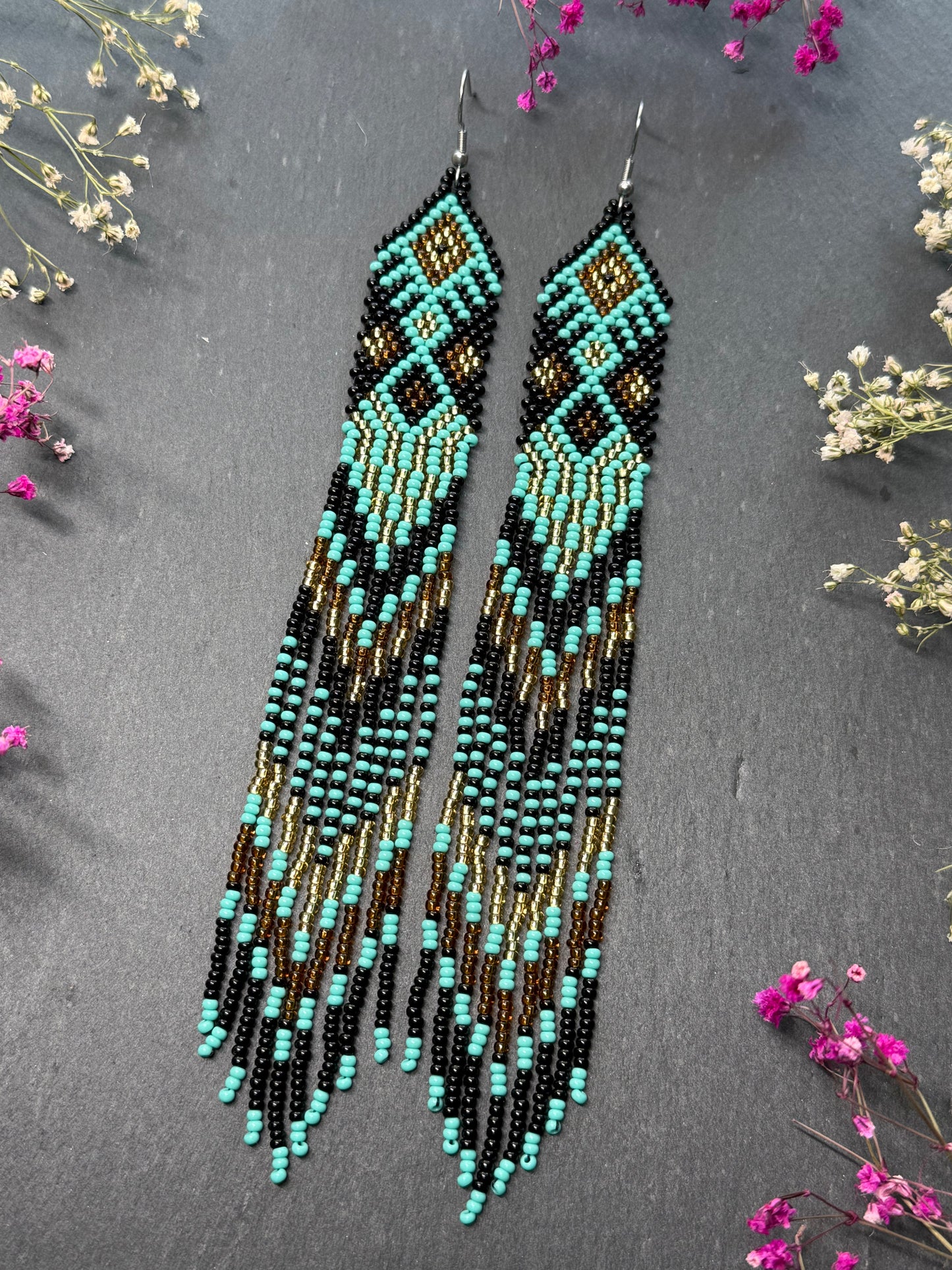 Handmade long black, turquoise, and gold beaded earrings with Native American ethnic design and fringe. Unique boho statement earrings for women image 3